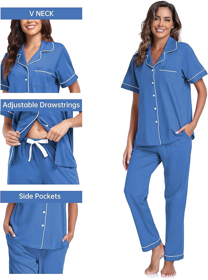 CF Womens 100% Cotton Pajamas Set Button Down Pjs Sets Short Sleeve Top & Long Pants Sleepwear Comfy Loungewear with Pockets
