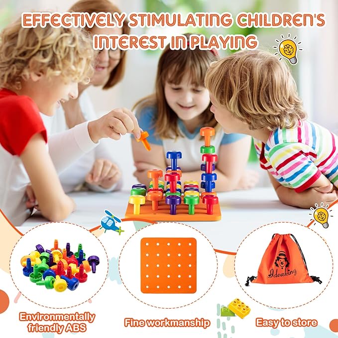 Shappy Toddler Peg Board Kids Montessori Colorful Stackable Toys 120 Pcs Pegs with 4 Foam Board 4 Sets Learning Educational Toy for Preschool Color Recognition Counting Skill with Lacing String Bag