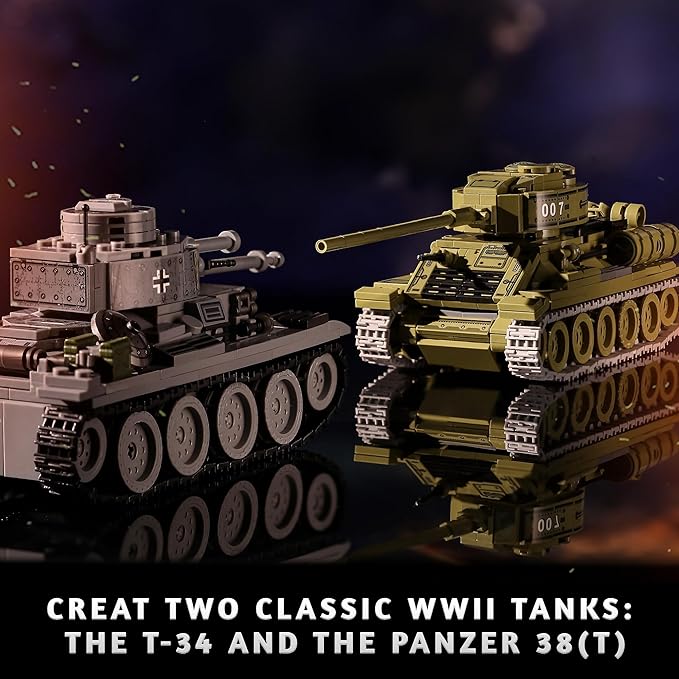 WW2 Army Tanks Toy Building Sets (1008 Pieces) Compatible with Lego, Create a Soviet T-34 & German Panzer 38(t) Tank, Great Military Model Toys Gift for Boys, Kids, and Teens Age 8+