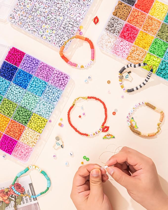 Goldwise Friendship Bracelet Kit 3 Boxes-6240 Pcs 48 Colors Bracelet Making Kits with Clay Beads, 2880 Pcs 4mm Glass Seed Beads and 960 pcs A-Z Letter Beads with Charms for Party Birthday Gift
