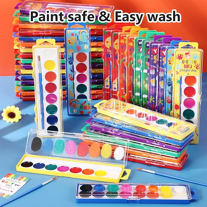 36 Packs Halloween Watercolor Paint Set for Kids 8-Color Washable Watercolor Paint Bulk with Paintbrush for Preschool Classroom Painting Favors Back to School Gifts Halloween Party Supplies