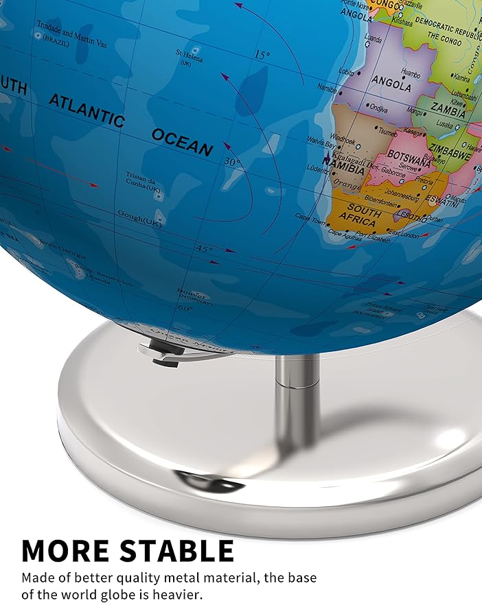 Illuminated World Globe with Stand, 13" Earth Globes with Stable Heavy Metal Base for Kids Classroom Learning, LED Constellation Globe Night Light with HD Printed Map