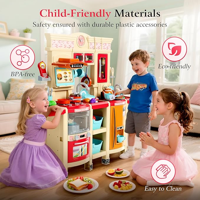 【2025 Upgraded】 Kitchen for Kids Interactive Play Kitchen for Kids Toddlers-Lightweight Easy-Install Pretend Kitchen with Tablet Ordering, Music, Lights Sounds, Steam Stove, Sink & Dishwasher(Pink)