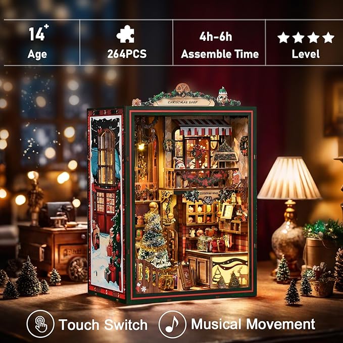 Domigard Book Nook Kit - DIY Miniature House Kit Bookshelf Decor 3D Wooden Dollhouses for Adults Teens LED Book Nook Kits for Adults Unique Birthday Christmas Gift for Family and Friends