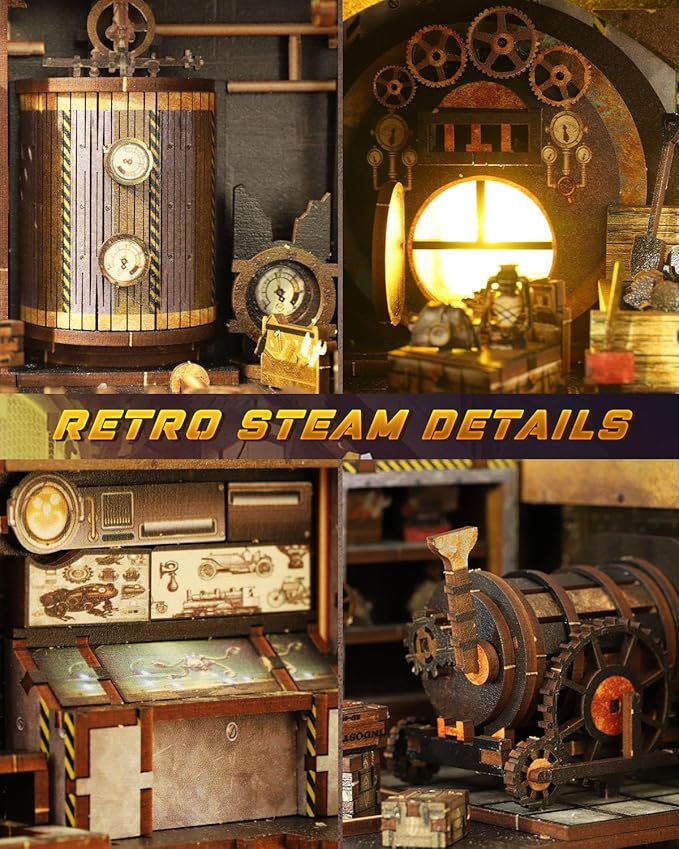 Book Nook Kit Mechanical Rhythm, DIY Booknooks Kit for Adults with Sensor Lights, Bookshelf Diorama Miniature Scenes Insert Decor, 3D Puzzle Miniature House Kit Gift for Men Teens Family