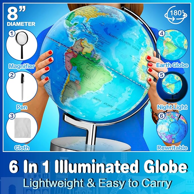 6 in1 Illuminated World Globe for Kids & Adults All Ages High Clear Map, Illuminates Educational Interactive STEM Toy, Light Up Kids Globe Lamp,Gifts For Boys And Girls