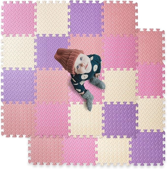16-Tile Soft & Safe EVA Foam Play Mat for Baby - Square, Solid Colored Kids Puzzle Floor Mat, 47x47 - Purple/Pink/Loli Pink/Beige