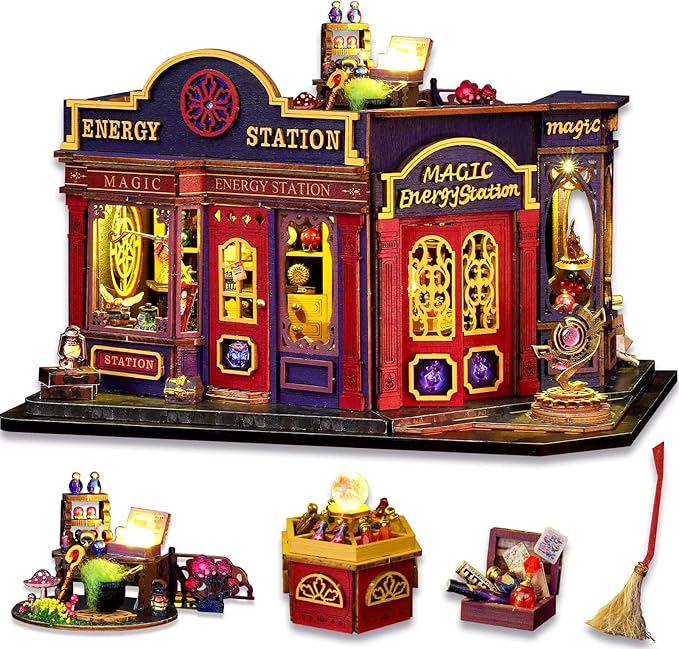 Miniature House Kit Magic Energy Station, DIY Dollhouse Kit for Adults & Teens, Tiny House Craft Decor with LED Lights, Wooden Mini Model Gift for Birthdays & Holidays