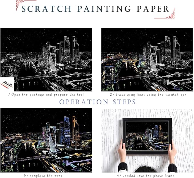 Scratch Rainbow Painting Art Paper,Scratch Art Crafts Set for Adults&Kids,Scratch Painting DIY Creative Gift with 4 Tools,16''x11''(Ancient China&Moscow CBD)