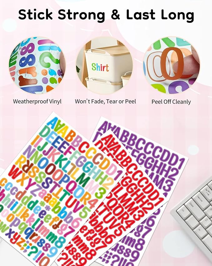 Uniclife 10 Sheets Letter Stickers, 1260 Pcs Scrapbook Stickers, 1 Inch Vinyl Number Alphabet Sticker, Self-Adhesive Stick on Letters for Mailbox Bottles Crafts Posters Decor, 10 Colors