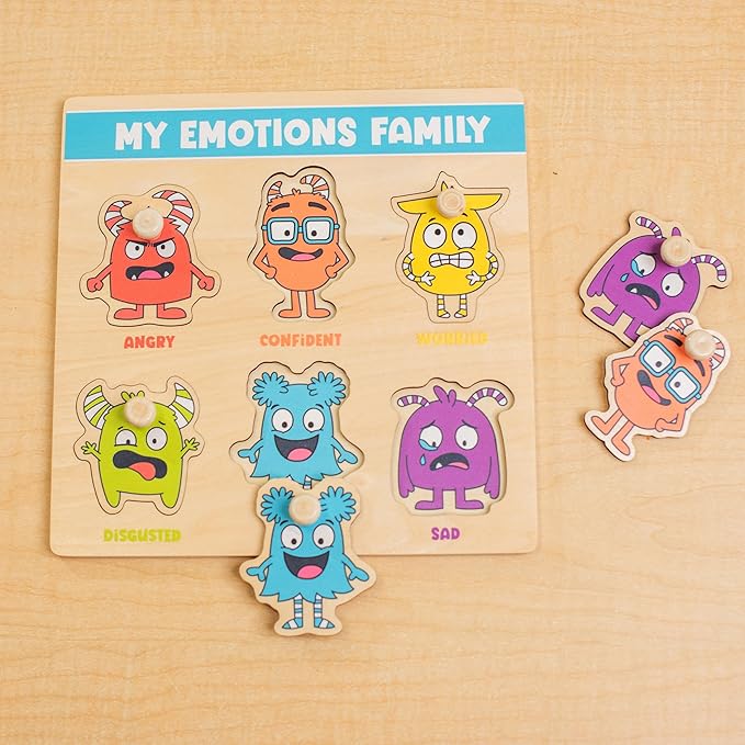 Open The Joy My Emotions Family Peg Puzzle – Emotional Recognition & Social Skills Puzzle for Kids | Montessori-Style Wooden Puzzle with 6 Emotion Pieces | Ages 4+