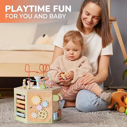 ROBOTIME Wooden Activity Cube for Toddlers, 13 in 1 Montessori Baby Activity Cube, Baby Play Cube Toy with Educational Features, Gift Wooden Cube Toy for Boys & Girls - 1 Year +