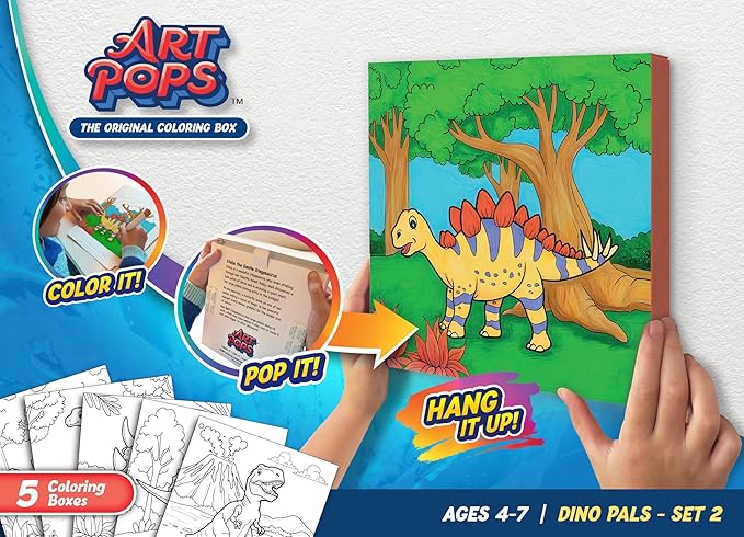ArtPops Coloring Boxes – Pop-Up Pre-Printed Coloring Box Set – DIY Wall Art Kit for Kids – Eco-Friendly, Easy to Hang, No Frame Needed – 5-Pack, Dino Friends