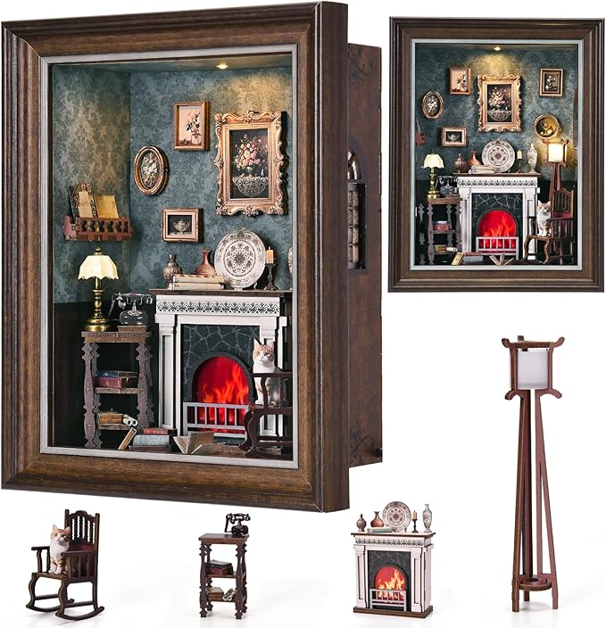 Book Nook Kit - 3D Wooden Puzzle with LED Switch Control & Wall-Mountable Frame，DIY Miniature House for Beginners，Bookshelf/Tabletop/Wall Decor for Craft Lovers，Dollhouse Gift,Fireplace