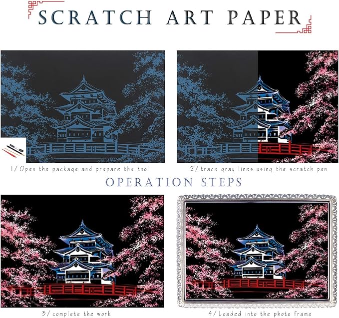 Scratch Painting Rainbow Paper by BOTEEN, Scratch &Sketch DIY Art Craft City Series Night View Creative Gift, Scratchboard for Adults and Kids ,Craft Kits with 4 Tools (A4- 4pack）