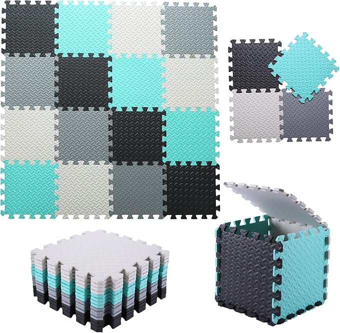 Foam Play Mat for Baby, 0.4 Inch Thick Foam Interlocking Floor Mats, Soft Non-Toxic Baby Playmat, Solid Colored Puzzle Play Mat Kids Floor Mats, 16 Tiles, Black/White/Gray/Tender Green