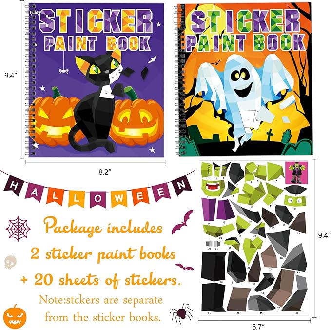 TBEEJ 2PCS Halloween Crafts for Kids Ages 4-8 Sticker Paint Books Includes Pumpkin Mummy Witch Monster and More Designs Gift Party Create 20 Pictures?Sticker Sheets are Separate?