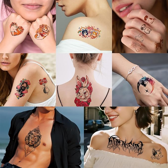 Temporary Tattoos for Kids and Adults, 77 Sheets Waterproof Cat Dog Animal Designs, Colorful and Long Lasting