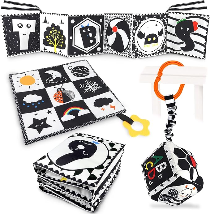 KUANGO 3 PCS Black and White High Contrast Baby Toys Newborn Toys 0-6 Months, Visual Stimulation Sensory Soft Book, Infant Tummy Time Toys 0-3-6 Months Baby Gifts
