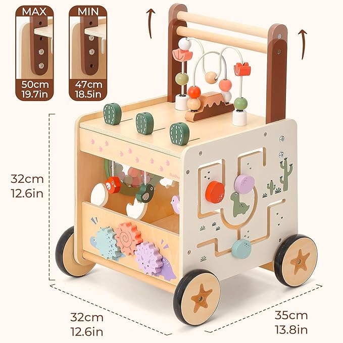PairPear Wooden Baby Walker,6 in 1 Dinosaur Play Walker Adjustable Speed Push Cart with Brake & Shape Sorter,Natural Solid Wood Activity Center Toy for Toddlers 12M+