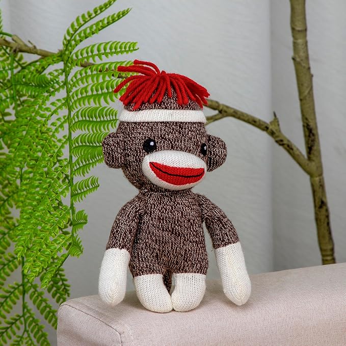 Plushland Adorable Sock Monkey, The Original Traditional Hand Knitted Stuffed Animal Toy Gift-for Kids, Babies, Teens, Girls and Boys Baby Doll Present Puppet 6 Inches (Brown)