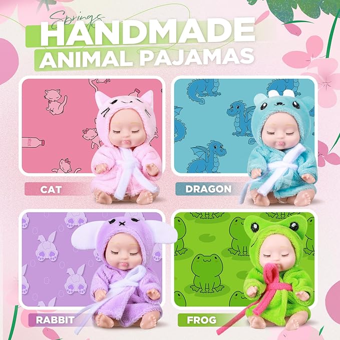 Hanaive 4 Pcs 4 Inch Mini Baby Dolls Lifelike Realistic Baby Dolls Animal Clothes Cute Tiny Gifts for Kids Birthday Party(Robe Style)