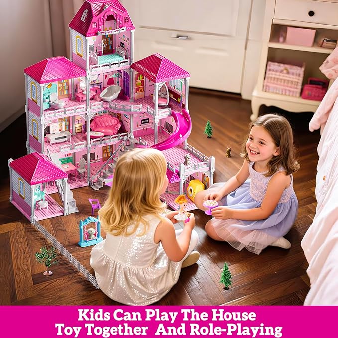 Villa Playset for Girls Ages 3-7, 4-Story 12 Room House with 2 Dolls, Furniture and Accessories, Indoor Playset Girls Toys for Ages 6-8, Pretend Toddler Toy, Birthday Gifts for Kids 4-8