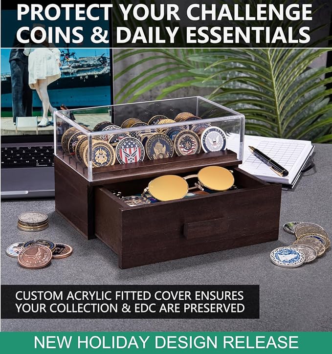 Wooden Display Case with Clear Cover - Medium Coin Stand Holds 20 Coins on Top & 16 in Storage Drawer - Poker Chip Display Case - Brown