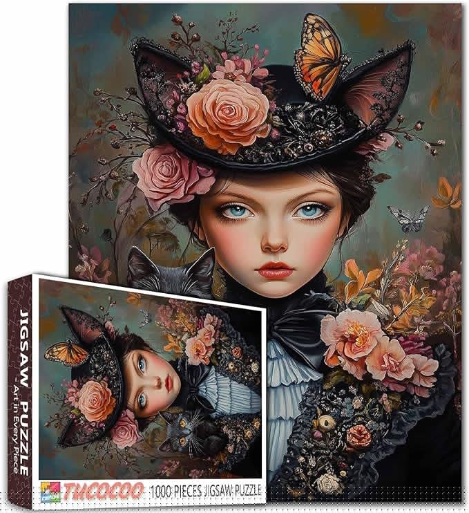 Flowers Girl 1000 Piece Jigsaw Puzzle Vintage Woman Educational Toys for Adults Gifts Beauty Women and Cat 1000 Piece Jigsaw Puzzle for Adults Challenging Puzzle Perfect for Game Nights