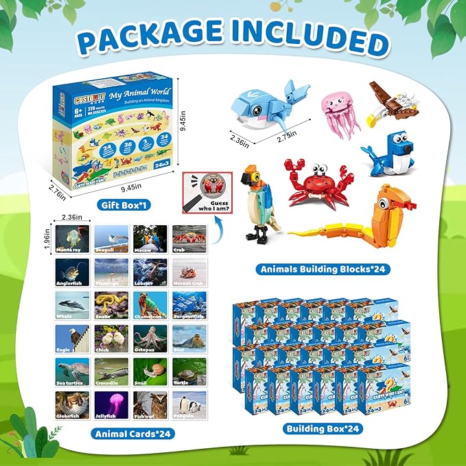24 Packs Party Favors for Kids – 779 PCS 6-in-1 & 12-in-1 Animal Building Blocks Set with Animal Cards – Goodie Bag Fillers, Classroom Prizes, Birthday & Christmas Gifts for Kids Ages 6-12