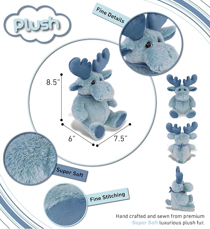 DolliBu Baby Blue Moose Stuffed Animal - Super Soft Stuffed Animals for Girls and Boys, Adorable Stuffed Wild Creatures for Kids and Cute Wild Animals Cuddle Stuffed Animals for Adults - 8.5 Inches
