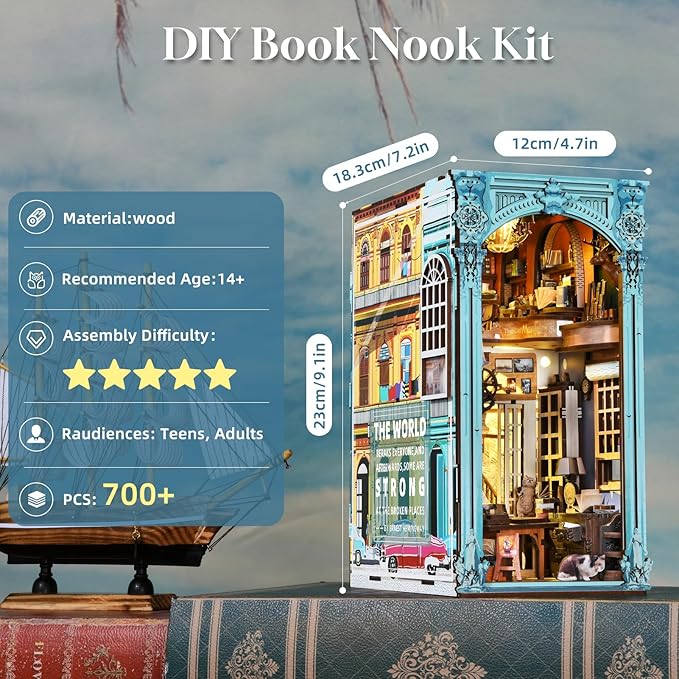 DIY Book Nook Kit, Miniature Dollhouse Booknook Kit, 3D Wooden Puzzle Bookend Bookshelf Insert Decor with LED Light for Teens and Adults (Hemingway House)