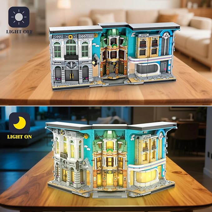 Reobrix Book Nook Building with Light, Streetscape BookNook Building Kit 66032 for Bookshelf&Home Decor, 2899 PCS Bookend Model Toy, Gift for Kids Adults Boys Girls Age 14+