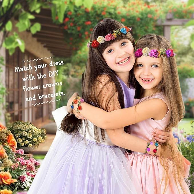 EggSun Flower Crown Making Kit for Girls Kids Gift Tea Party Spring Craft Bracelet DIY Fairy Flower Crown Kit Kids Birthday Party Floral Hair Arts Crafts Spring Easter Gift for Girls 5 6 7 12 Year Old