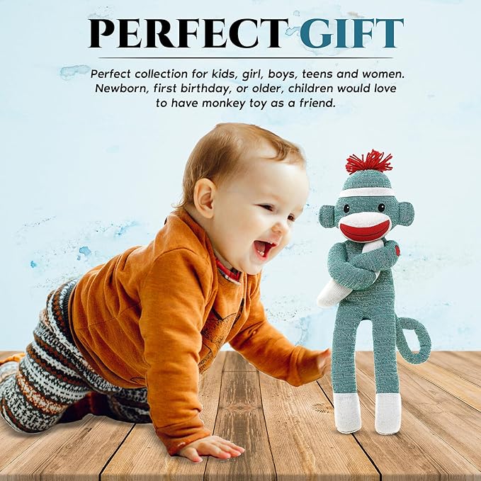 Adorable Sock Monkey, The Original Traditional Hand Knitted Stuffed Animal Toy Gift-for Kids, Babies, Teens, Girls and Boys Baby Doll Present Puppet (20" Green)