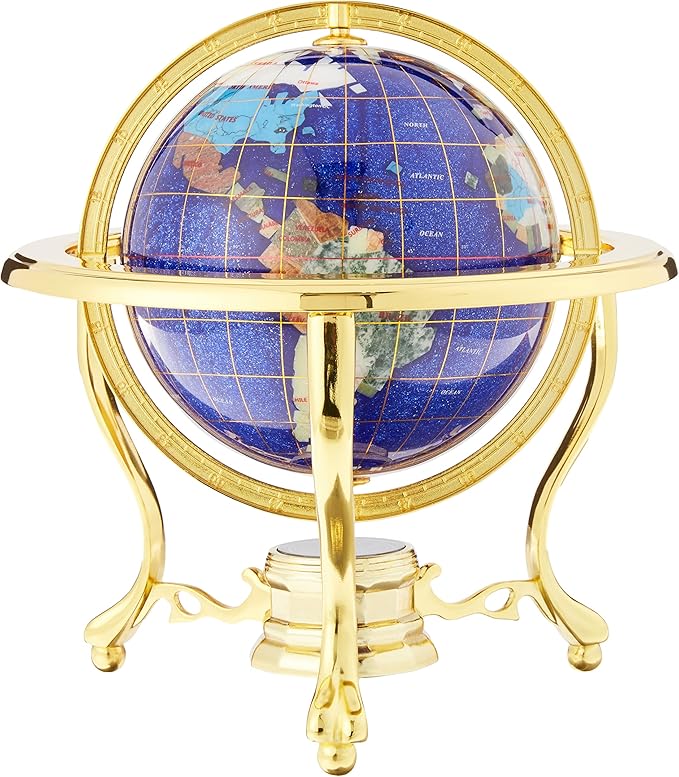 Unique Art 10-Inch Tall Table Top Blue Crystallite Ocean Gemstone World Globe with Gold Tripod Stand
