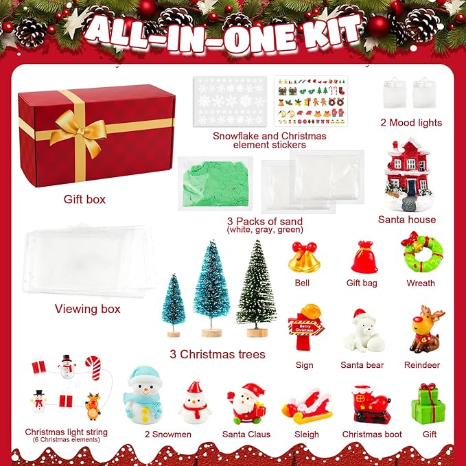 Rhybor Christmas Sensory Bin, Christmas Craft Kits Sand Art Play Kits with Santa, Reindeer, Snowman, Mini Christmas Tree Holiday Sensory Play Set Christmas Xmas Gift Decorations for Adult Kid