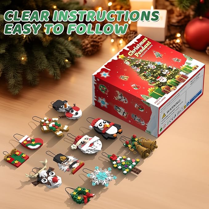 Christmas Ornaments Building Set 2025 Advent Calendar - 12 DIY Xmas Tree Hanging Decorations with Santa, Snowman More, Christmas Stocking Stuffer Building Toys Gift for Girls Boys Ages 6+