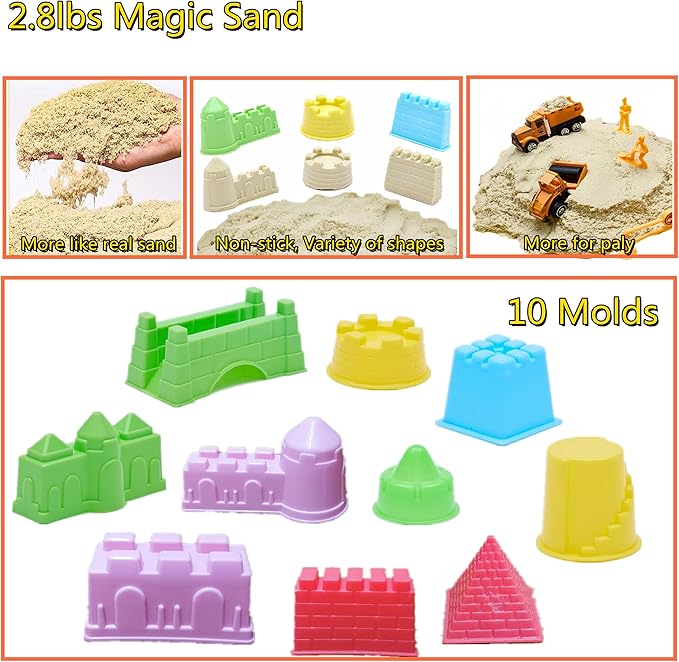 Play Construction Sand Kit, 2.2lbs Magic Sand, 6 Alloy Trucks,1 Big Semi-automatc Excavator,1 Race Truck 100 Tracks,10 Castle Molds,1 Sandbox mat,1 Storage Box, Sensory Toys for Kids Ages 3+