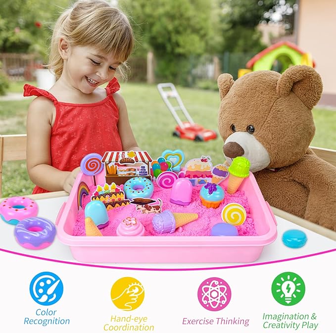 Sensory Bin Toys, Ice Cream Play Sand Set with Sensory Sand, Ice Cream Toy Molds and Cleaning Tools Sandbox with Lid Kids Play Sand Art Kits for Boys Girls 3-8 Years Old Birthday Christmas Gift