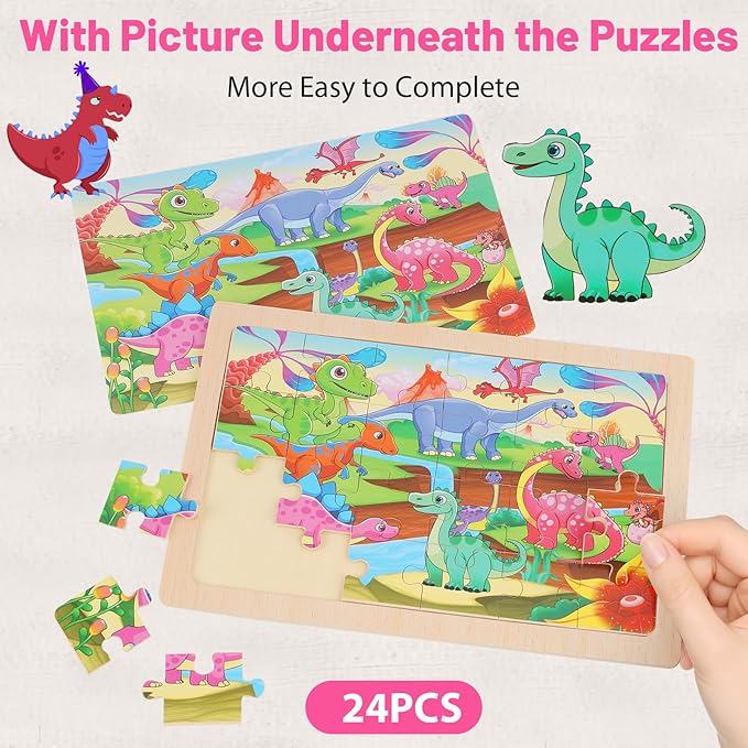 Wooden Puzzles for Kids Ages 4-6, 24 Piece Animal Dinosaur Marine Farm Jigsaw Puzzles 4 Packs, Preschool Toddlers Learning Activity Puzzles Toys for Boys Girls 3 4 5 6 Years Old