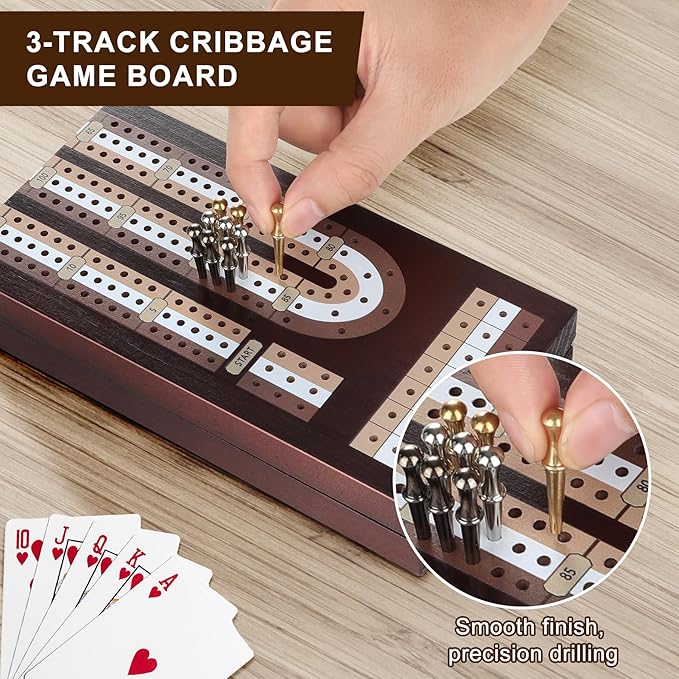 Cribbage Board Game Set, Premium Wooden Board with Magnetic Lock and Built-in Storage, Deck of Cards & 9 Metal Pegs, Fun 2–3 Player Travel Game for Adults and Family