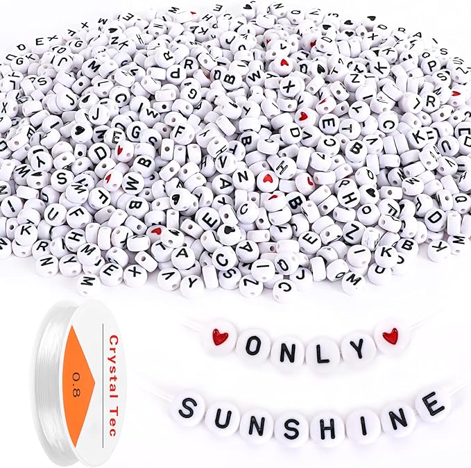 Letter Beads, DECYOOL 1900Pcs 4×7mm Wihte Black Acrylic Alphabet Beads with 1 Roll Elastic String for Bracelet Necklace