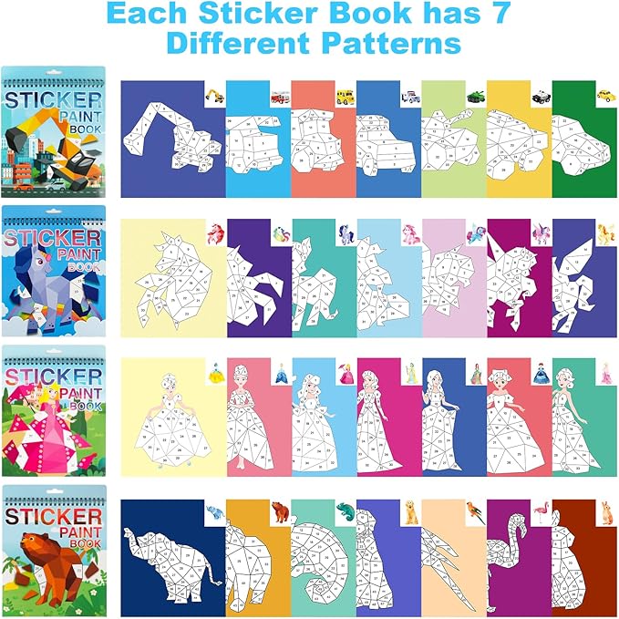AEAHALY 4 Pack Paint by Sticker for Kids Crafts for Kids Ages 4-8 Sticker by Number Books Boys and Girls Birthday Gifts Party Favor, Travel Toys for Toddlers Learning (Princess+Animal+Horse+Vehicle)