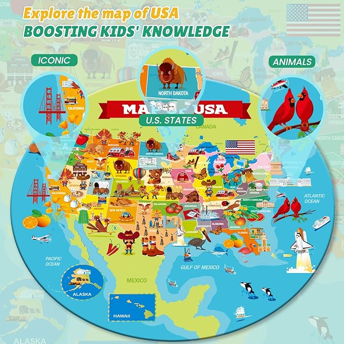 ELX 70 Piece Large Dinosaur Floor Puzzle for Kids Ages 5-8,United States Map & Dino Jigsaw Puzzles, Double-Sided Round Puzzles for Toddlers, Educational Toys for Boys & Girls (22.5 Inch)