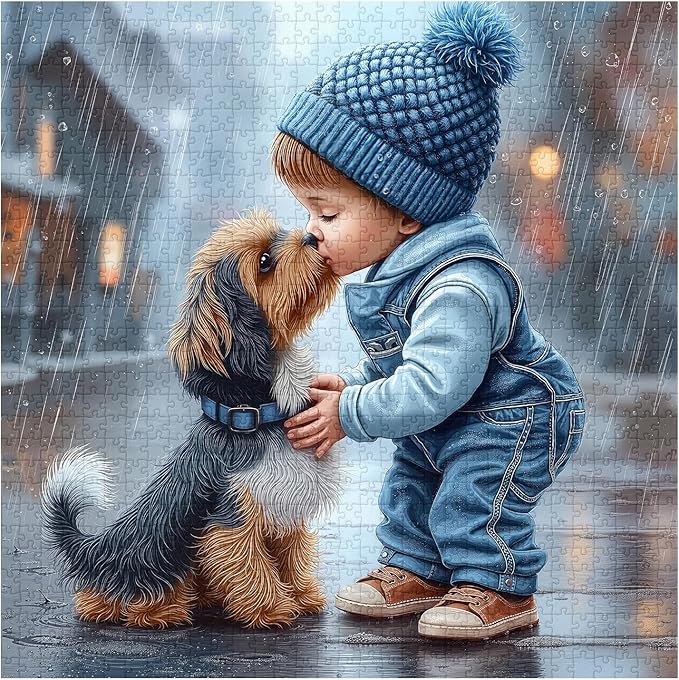 Cute Dog Puzzles for Adults 1000 Pieces, PICKFORU Friendly Kiss Love Hearts Jigsaw Puzzle, Impossible Difficult Rainy Puppy Theme as Home Decor
