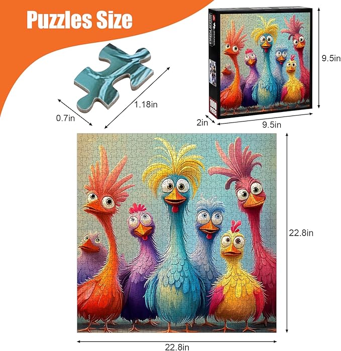 Chicken Puzzles for Adults 1000 Pieces - Funny Colorful Chicken Jigsaw Puzzle, Cute Turkey Art Puzzle with Letters on Back, Challenging Hard Difficult Cartoon Animal Puzzles as Thanksgiving Home Decor