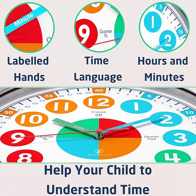OWLCONIC Telling Time Teaching Clock for Kids - Educational Analog Wall Clock for Bedrooms, Playroom, Classroom Learning - Silent Kids Wall Clock for Learning to Tell Time