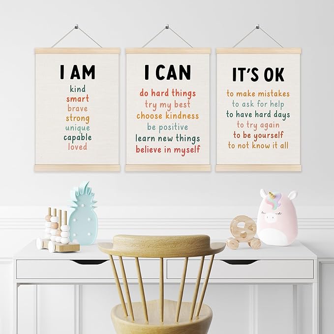 Inspirational Classroom Wall Art Poster Hanger Frame 12x16 Inch Set of 3, Positive Affirmations for Kids, Motivational Canvas Pictures Prints Framed Wall Decor for Classroom Kids Room Playroom