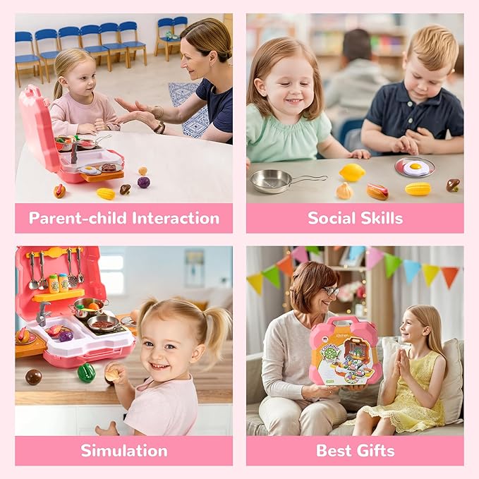 MINDNOOK Kids Kitchen Playset, 35Pcs Kitchen Sink Pretend Play Cooking Toys with Utensils, Stainless Steel Pots & Pans Play Food Sets for Kids, Learning Gift for Toddlers, Boys, Girls Ages 3+